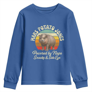 Funny Mars Potato Jones Youth Sweatshirt Powered by Naps Snacks Side Eye Pygmy Hippo TS11 Royal Blue Print Your Wear