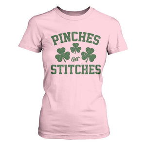 Funny St Patrick's Day Pinches Get Stiches T Shirt For Women Shamrock TS11 Light Pink Print Your Wear