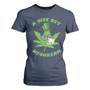 Funny St Patrick's Day Cannabis Weed T Shirt For Women A Wee Bit Highrish Shamrock TS11 Navy Print Your Wear