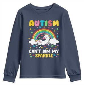 Funny Autism Can't Dim My Sparkle Youth Sweatshirt Autism Awareness Unicorn Rainbow TS11 Navy Print Your Wear