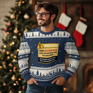 Funny Autism Awareness Dad Ugly Christmas Sweater Warning This Autism Dad Uses His Patience On His Children TS11 Navy Beige Print Your Wear