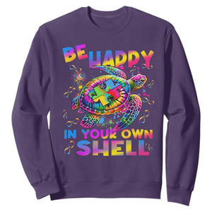 Funny Autism Awareness Be Happy In Your Own Shell Sweatshirt Rainbow Puzzle Turtle TS11 Purple Print Your Wear