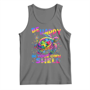 Funny Autism Awareness Be Happy In Your Own Shell Tank Top Rainbow Puzzle Turtle TS11 Black Heather Print Your Wear