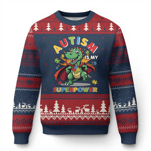 Funny Autism Is My Superpower Ugly Christmas Sweater Autism Awareness Autistic Dinosaur TS11 Navy Red Print Your Wear
