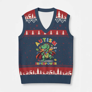 Funny Autism Is My Superpower V-Neck Knit Sweater Vest Autism Awareness Autistic Dinosaur TS11 Navy Red Print Your Wear
