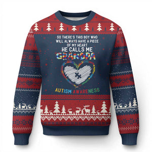 Autism Awareness Grandpa Ugly Christmas Sweater So There's This Boy Who Will Always Have A Piece Of My Heart He Calls Me Grandpa TS11 Navy Red Print Your Wear