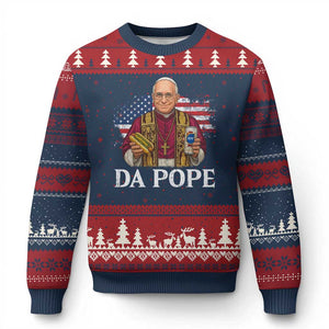 Funny Da Pope America Chicago Leo XIV Ugly Christmas Sweater Hotdog And Beer TS11 Navy Red Print Your Wear
