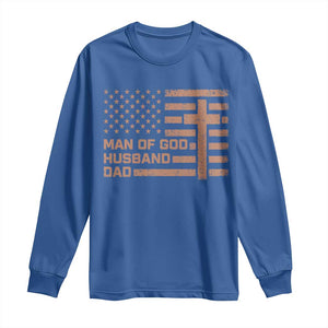 Man of God Husband Dad Christian Dad Father's Day Long Sleeve Shirt Vintage American Flag TS11 Royal Blue Print Your Wear