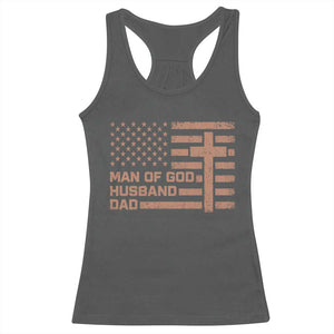Man of God Husband Dad Christian Dad Father's Day Racerback Tank Top Vintage American Flag TS11 Dark Heather Print Your Wear