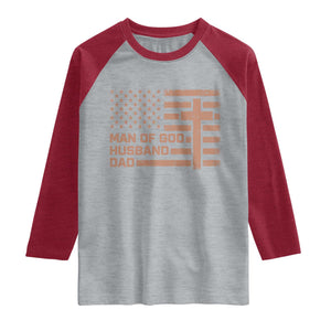 Man of God Husband Dad Christian Dad Father's Day Raglan Shirt Vintage American Flag TS11 Heather Gray Heather Red Print Your Wear