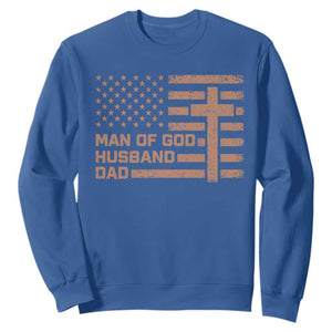 Man of God Husband Dad Christian Dad Father's Day Sweatshirt Vintage American Flag TS11 Royal Blue Print Your Wear