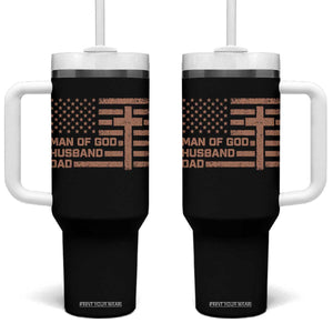Man of God Husband Dad Christian Dad Father's Day Tumbler With Handle Vintage American Flag TS11 One Size: 40 oz Black Print Your Wear