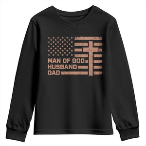 Man of God Husband Dad Christian Dad Father's Day Youth Sweatshirt Vintage American Flag TS11 Black Print Your Wear