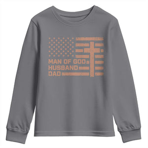 Man of God Husband Dad Christian Dad Father's Day Youth Sweatshirt Vintage American Flag TS11 Charcoal Print Your Wear