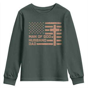 Man of God Husband Dad Christian Dad Father's Day Youth Sweatshirt Vintage American Flag TS11 Dark Forest Green Print Your Wear