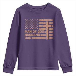 Man of God Husband Dad Christian Dad Father's Day Youth Sweatshirt Vintage American Flag TS11 Purple Print Your Wear