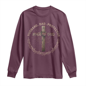 Man Of God Husband Dad Protector Long Sleeve Shirt Christian Dad Vintage Jesus Cross TS11 Maroon Print Your Wear