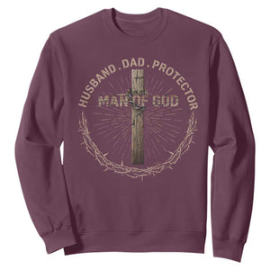 Man Of God Husband Dad Protector Sweatshirt Christian Dad Vintage Jesus Cross TS11 Maroon Print Your Wear