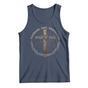 Man Of God Husband Dad Protector Tank Top Christian Dad Vintage Jesus Cross TS11 Navy Print Your Wear
