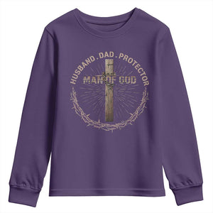 Man Of God Husband Dad Protector Youth Sweatshirt Christian Dad Vintage Jesus Cross TS11 Purple Print Your Wear