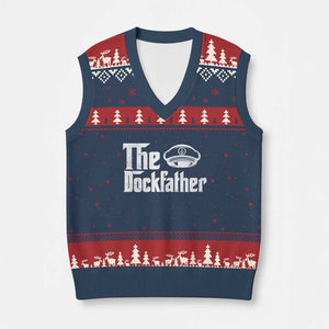 The Dockfather V-Neck Knit Sweater Vest Funny Boat Captain Dad Boating Humor Father's Day TS11 Navy Red Print Your Wear