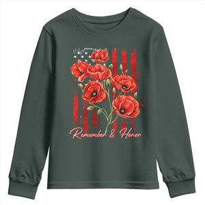 Remember And Honor Memorial Day Youth Sweatshirt Red Poppy Flowers TS11 Dark Forest Green Print Your Wear