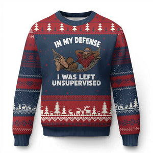 In My Defense I Was Left Unsupervised Funny Bigfoot Ugly Christmas Sweater