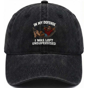 In My Defense I Was Left Unsupervised Funny Bigfoot Washed Cotton Baseball Cap