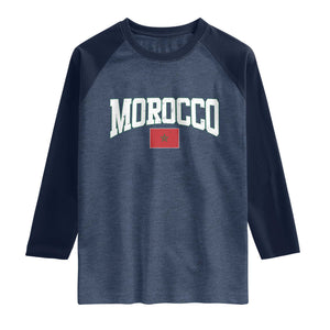Morocco Football Throwback Design Vintage Moroccan Flag Jersey Style Raglan Shirt TS11 Heather Denim Navy Print Your Wear