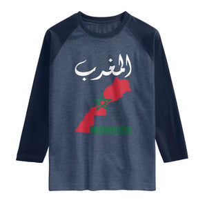 Proud Moroccan Vintage Marocco Map with Arabic Characters Raglan Shirt TS11 Heather Denim Navy Print Your Wear