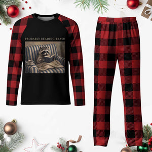 Funny Raccoon Book Lover Plaid Pajama Set Probably Reading Trash Bookworms Teachers