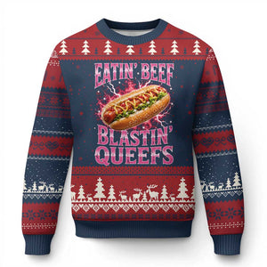 Eatin Beef Blastin' Queefs Funny Embarrassing Hot Dog Retro Bootleg Ugly Christmas Sweater