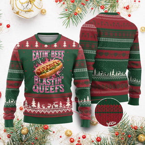 Eatin Beef Blastin' Queefs Funny Embarrassing Hot Dog Retro Bootleg Ugly Christmas Sweater