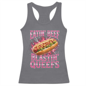 Eatin Beef Blastin' Queefs Funny Embarrassing Hot Dog Retro Bootleg Racerback Tank Top