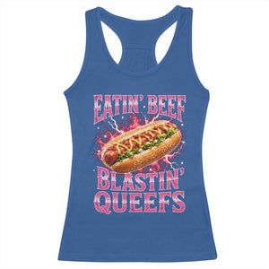 Eatin Beef Blastin' Queefs Funny Embarrassing Hot Dog Retro Bootleg Racerback Tank Top