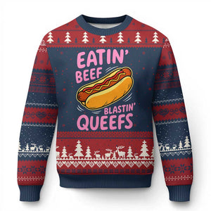 Eatin Beef Blastin' Queefs Funny Hot Dog Adult Humor Ugly Christmas Sweater