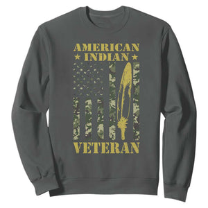 American Indian Veteran Sweatshirt Native American Veteran Feathers Camo Flag TS11 Dark Heather Print Your Wear