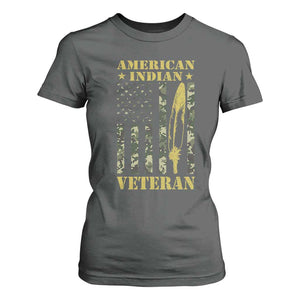 American Indian Veteran T Shirt For Women Native American Veteran Feathers Camo Flag TS11 Dark Heather Print Your Wear