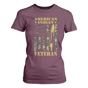 American Indian Veteran T Shirt For Women Native American Veteran Feathers Camo Flag TS11 Maroon Print Your Wear