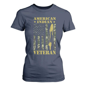 American Indian Veteran T Shirt For Women Native American Veteran Feathers Camo Flag TS11 Navy Print Your Wear