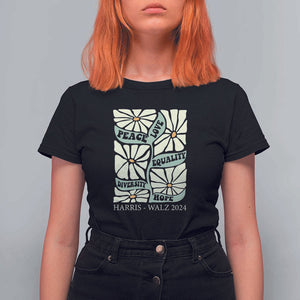 Harris Walz 2024 T Shirt For Women Peace Love Equality Diversity Hope Hand Drawn Flower TS11 Black Print Your Wear