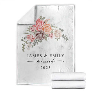 Personalized First Christmas Married Throw Blanket Custom Name Couple Vintage Rose Flowers TS11 Marble Print Your Wear