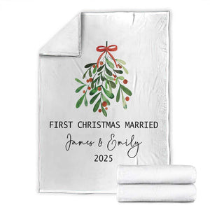 Personalized First Christmas Married Throw Blanket Custom Name Couple Xmas Mistletoe TS11 White Print Your Wear