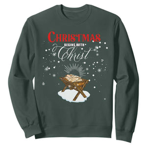 Christmas Begins With Christ Sweatshirt Christian Christmas Jesus God TS11 Dark Forest Green Print Your Wear