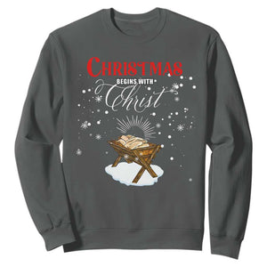 Christmas Begins With Christ Sweatshirt Christian Christmas Jesus God TS11 Dark Heather Print Your Wear