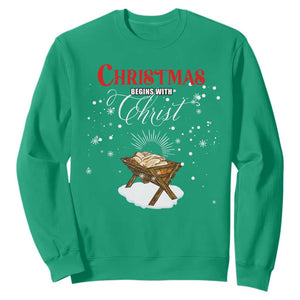 Christmas Begins With Christ Sweatshirt Christian Christmas Jesus God TS11 Irish Green Print Your Wear