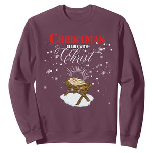 Christmas Begins With Christ Sweatshirt Christian Christmas Jesus God TS11 Maroon Print Your Wear