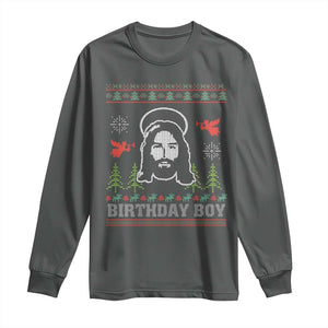 Funny Christian Christmas Long Sleeve Shirt Birthday Boy Jesus God Xmas Tree Angels TS11 Dark Heather Print Your Wear