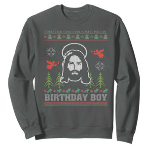 Funny Christian Christmas Sweatshirt Birthday Boy Jesus God Xmas Tree Angels TS11 Dark Heather Print Your Wear