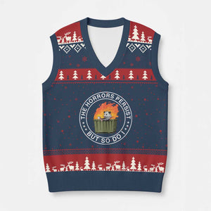Funny Opossum V-Neck Knit Sweater Vest The Horrors Persist But So Do I Lil Dumpster Fire TS11 Navy Red Print Your Wear